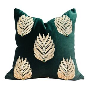 Emerald Royale - Velvet Throw Pillow Cover with Gold Embroidery & Green Crystals